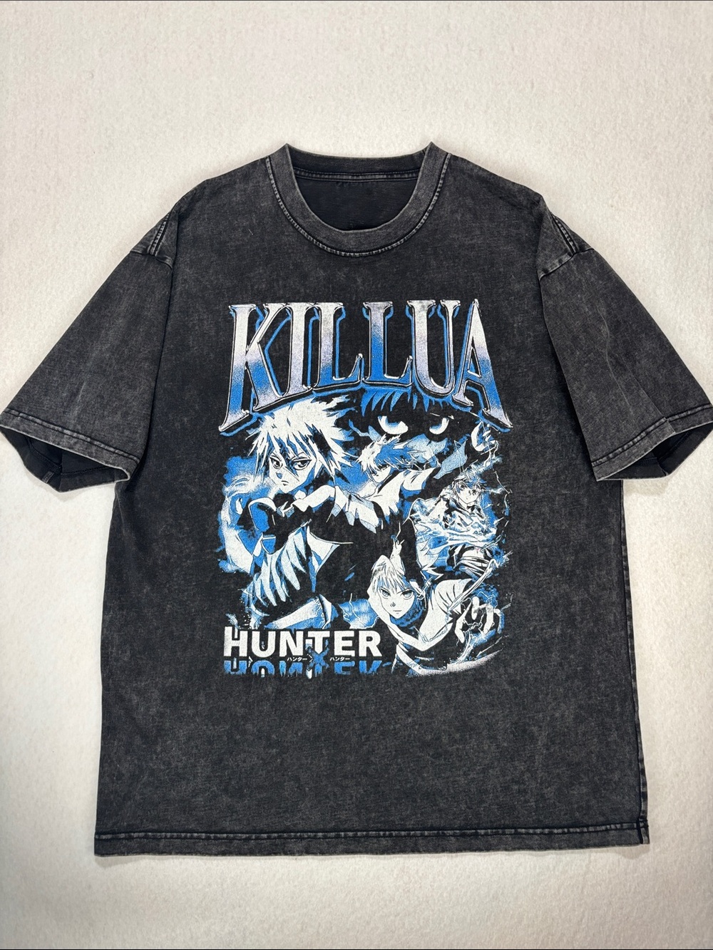 KILLUA x HUNTER T-Shirt Graphic Tee Black Grey Vintage Acid Wash look XL
